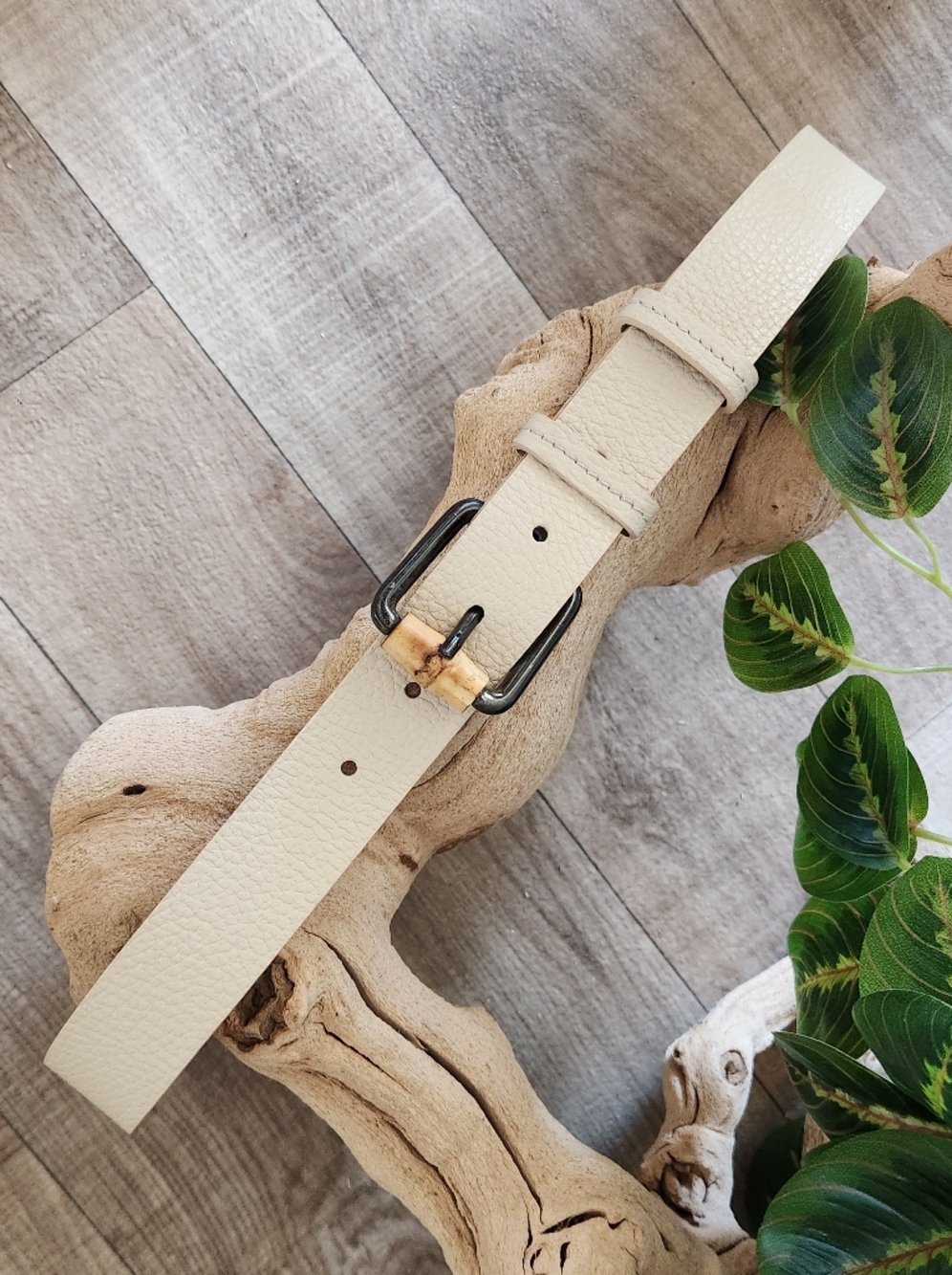 Tanner Ivory Pebbled Italian Leather Belt with Bamboo Accented Buckle